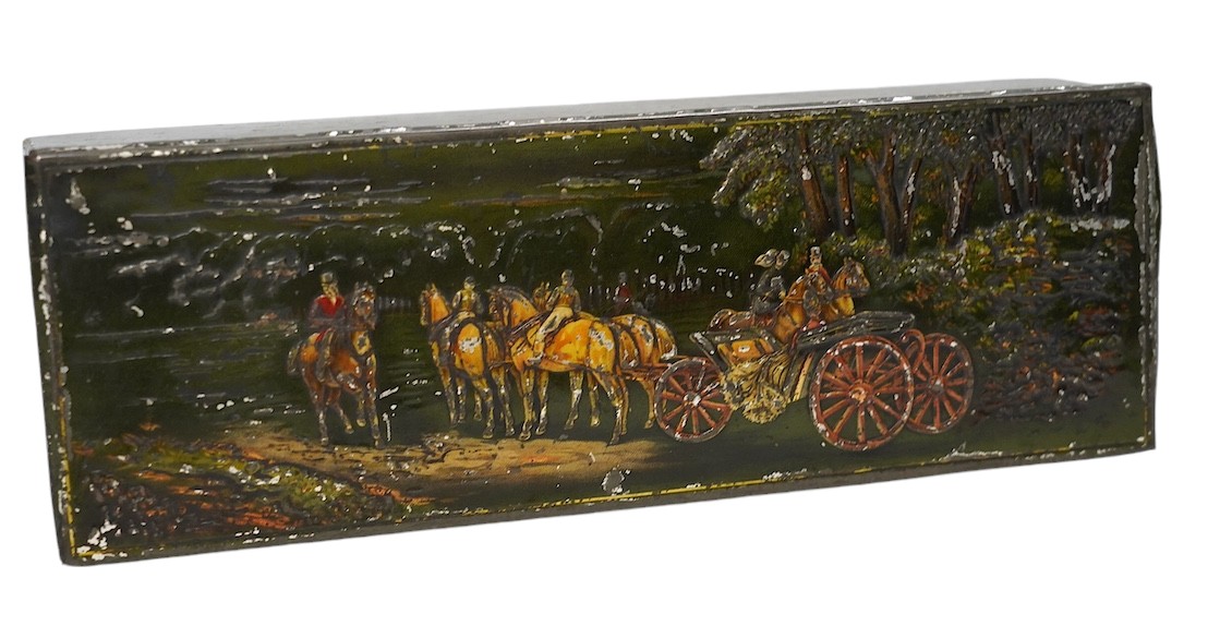 A Huntley & Palmer biscuit tin decorated with horsedrawn carriages, c.1890-1900, 28cm. Condition - fair